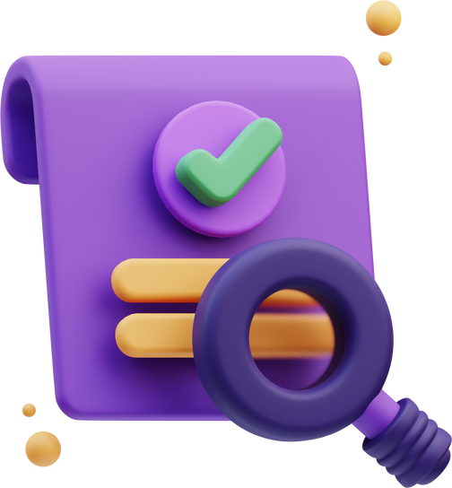 Magnifying glass with report Quality control, 3d Illustration